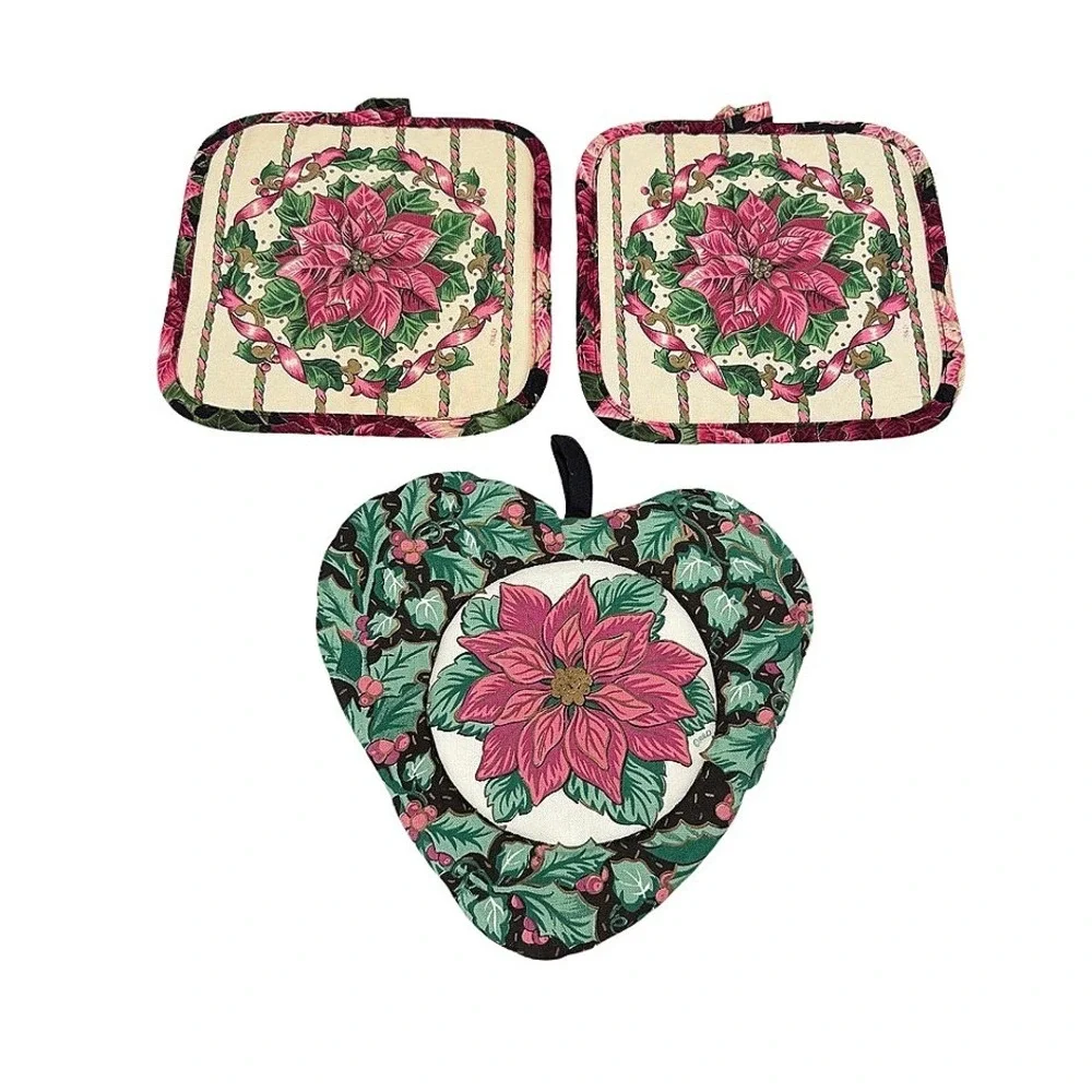 Poinsettia Cottage Country‎ Core Floral Pot Holder 3 Pc Christmas Kitchen Decor